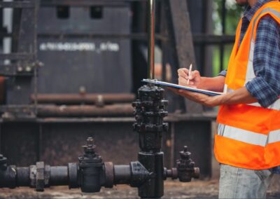 Workers standing and checking beside working oil pumps.